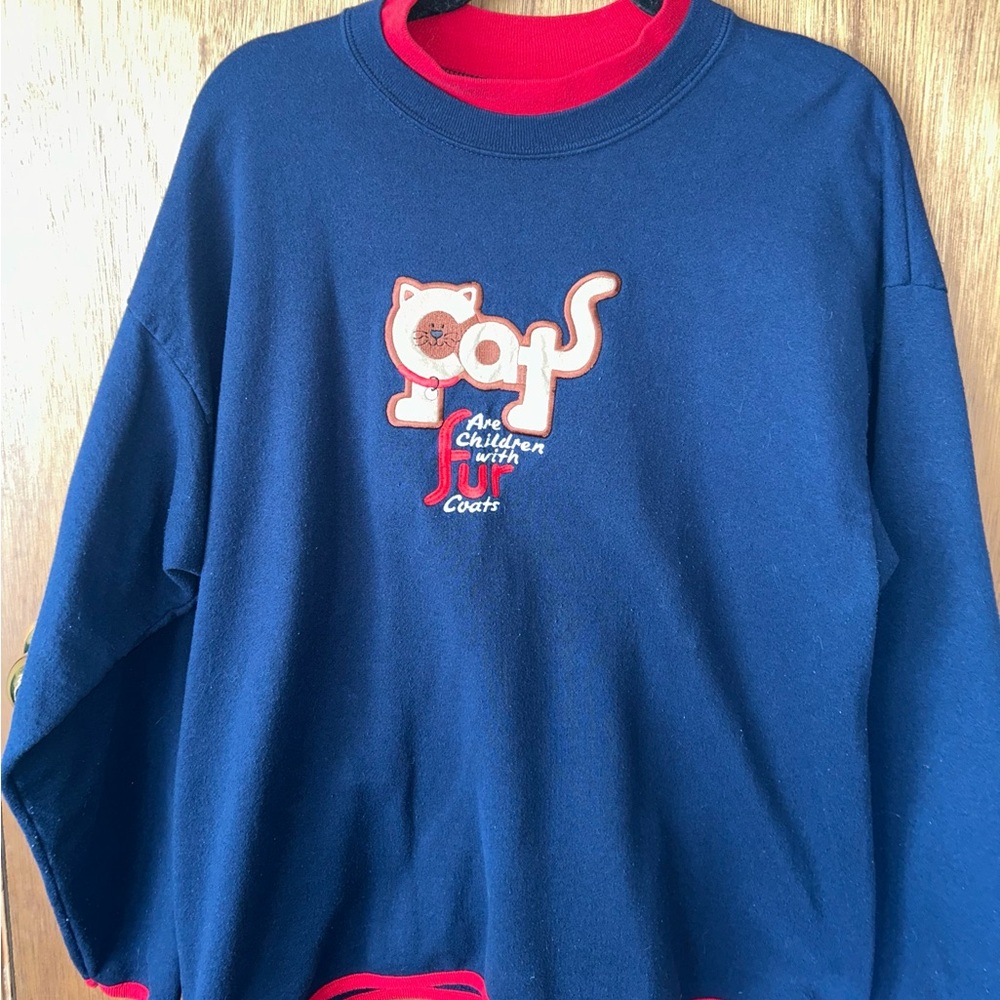 ME Energy Sweatshirt Womens XL Navy Red cat Pullover sweater top shirt 90s VTG